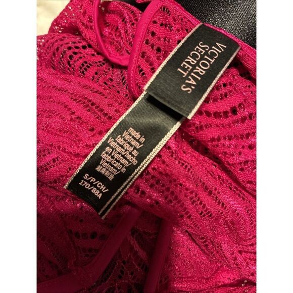 Victorias secret Zebra Lace Teddy Bodysuit Plunge Halter Magenta Fuchsia Small - Picture 4 of 5